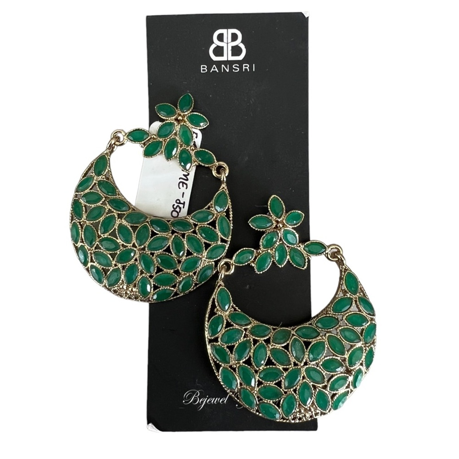 Bansri Green Petal Floral Gold Tone Statement Boho Dangle Earrings Nwt 18$